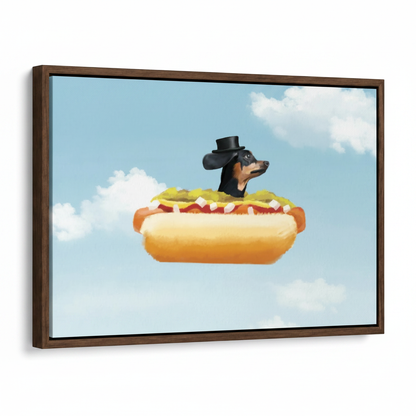 Dark walnut float frame canvas of dachshund hot dog art shown at 45-degree angle on white background