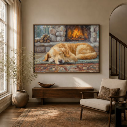 Classical golden retriever fireplace canvas art hanging in warm entryway with arched doorway decor