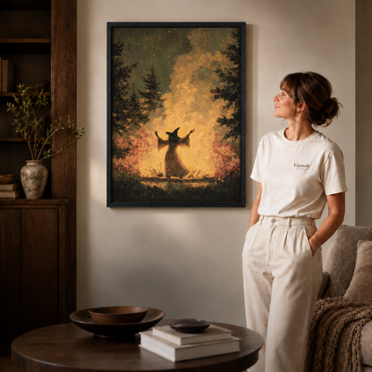 Forest witch wall art with a dark figure, peach foliage, and glowing woodland specks