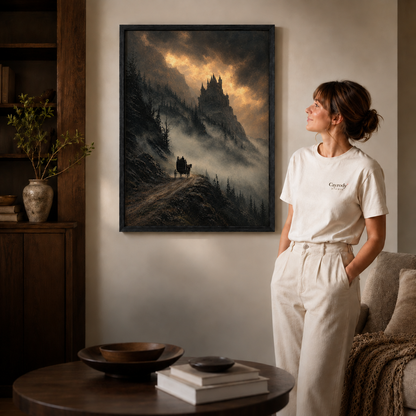 Gothic castle canvas wall art in a black frame beside a woman dressed in white.