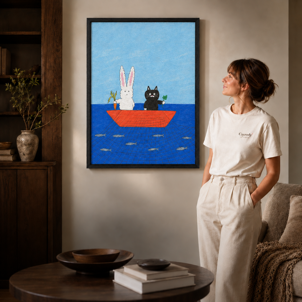 Rabbit and cat boat artwork in a slim black frame beside a woman in white.