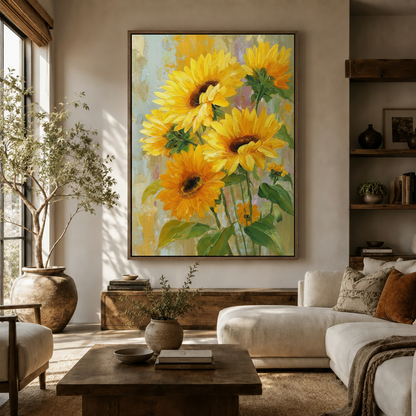 Bold sunflower floral canvas displayed above sideboard in warm modern living room with olive tree