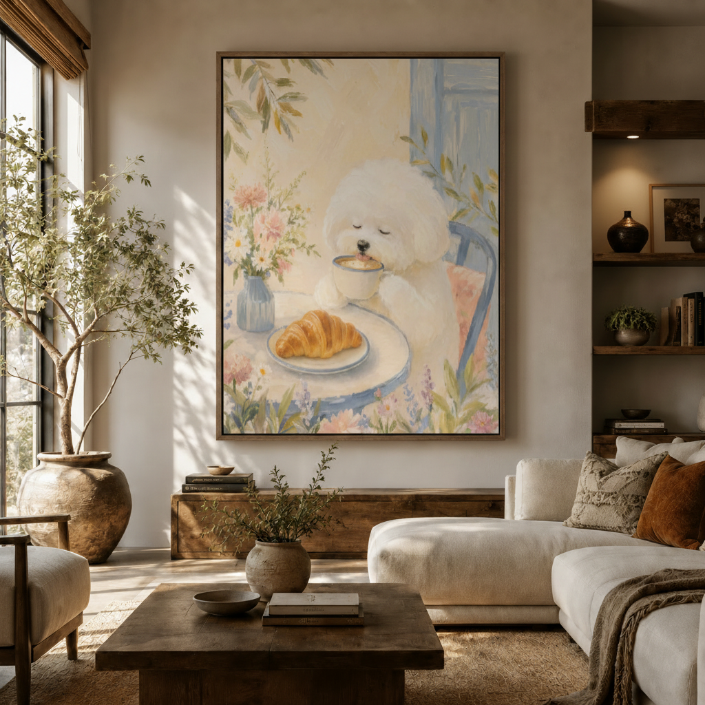 Dreamy Bichon Frise watercolor canvas above console in bright modern living room beside white sofa
