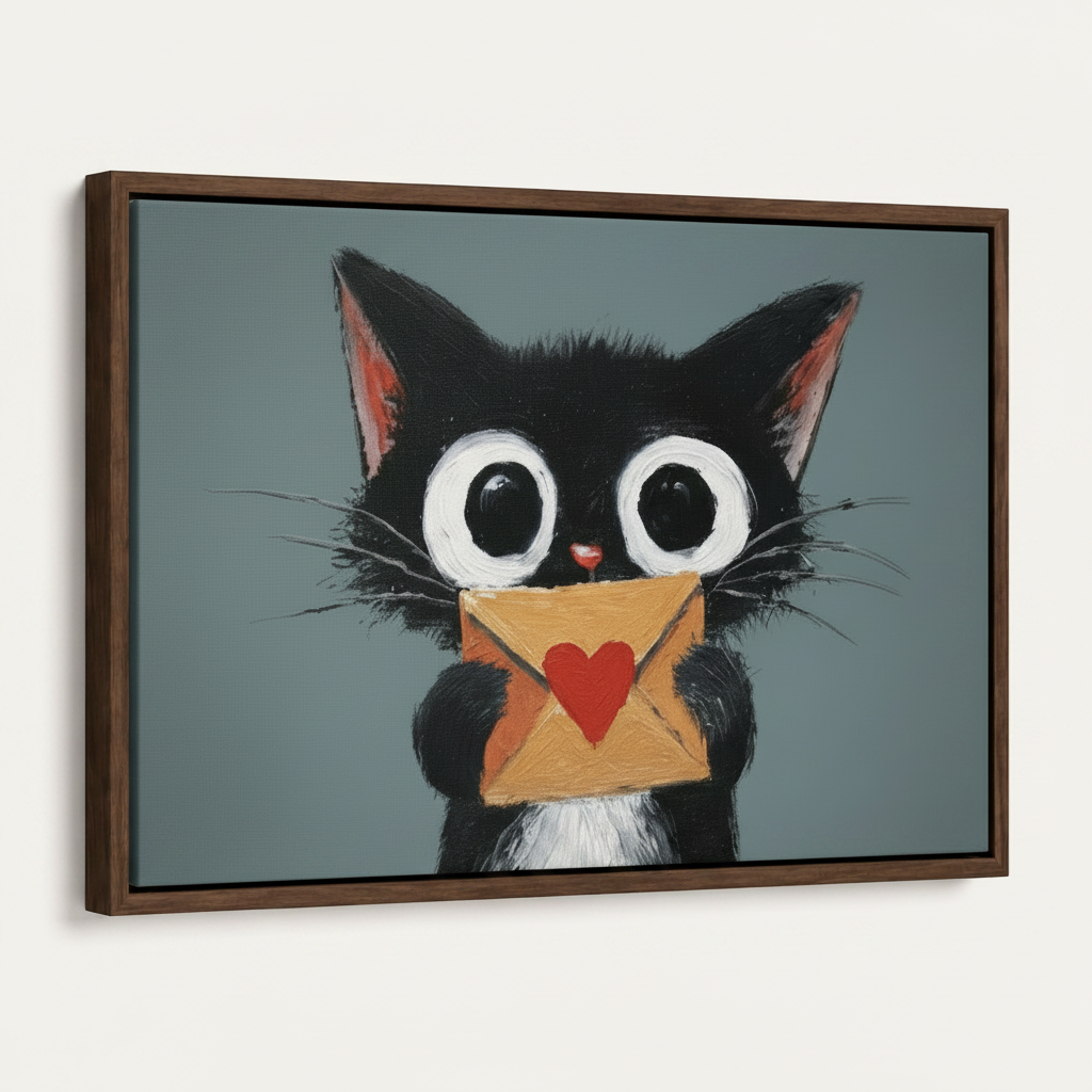 Side-angle white background view of black cat love letter framed canvas showing walnut floater frame depth