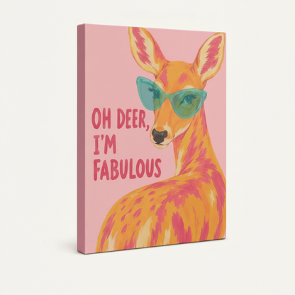 Gallery wrapped canvas of Oh Deer I'm Fabulous pop art deer print with solid pink sides shown at angle on white background