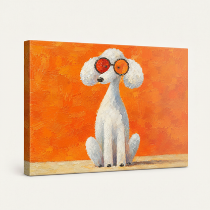 Frameless gallery wrap canvas of fluffy poodle in sunglasses showing thick impasto texture and side depth