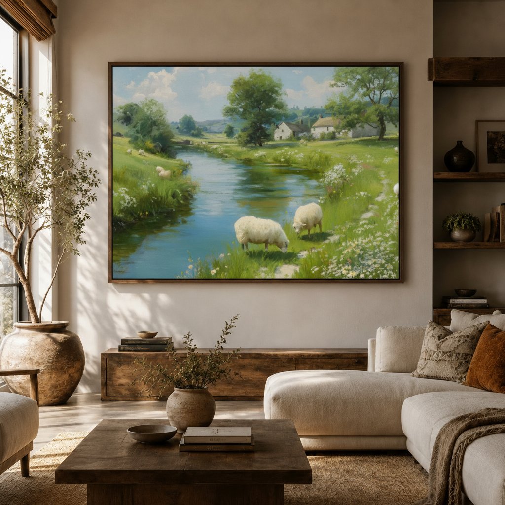 Large classical English countryside sheep river canvas above walnut console in warm neutral modern living room