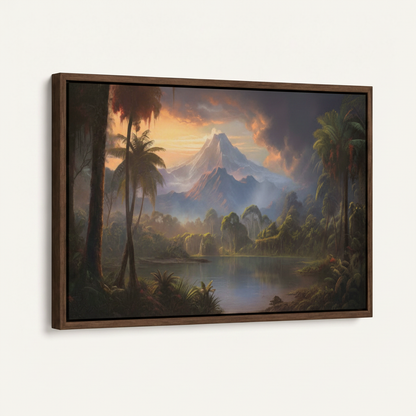 Tropical rainforest canvas in dark walnut floater frame, 45-degree side view product shot on white background