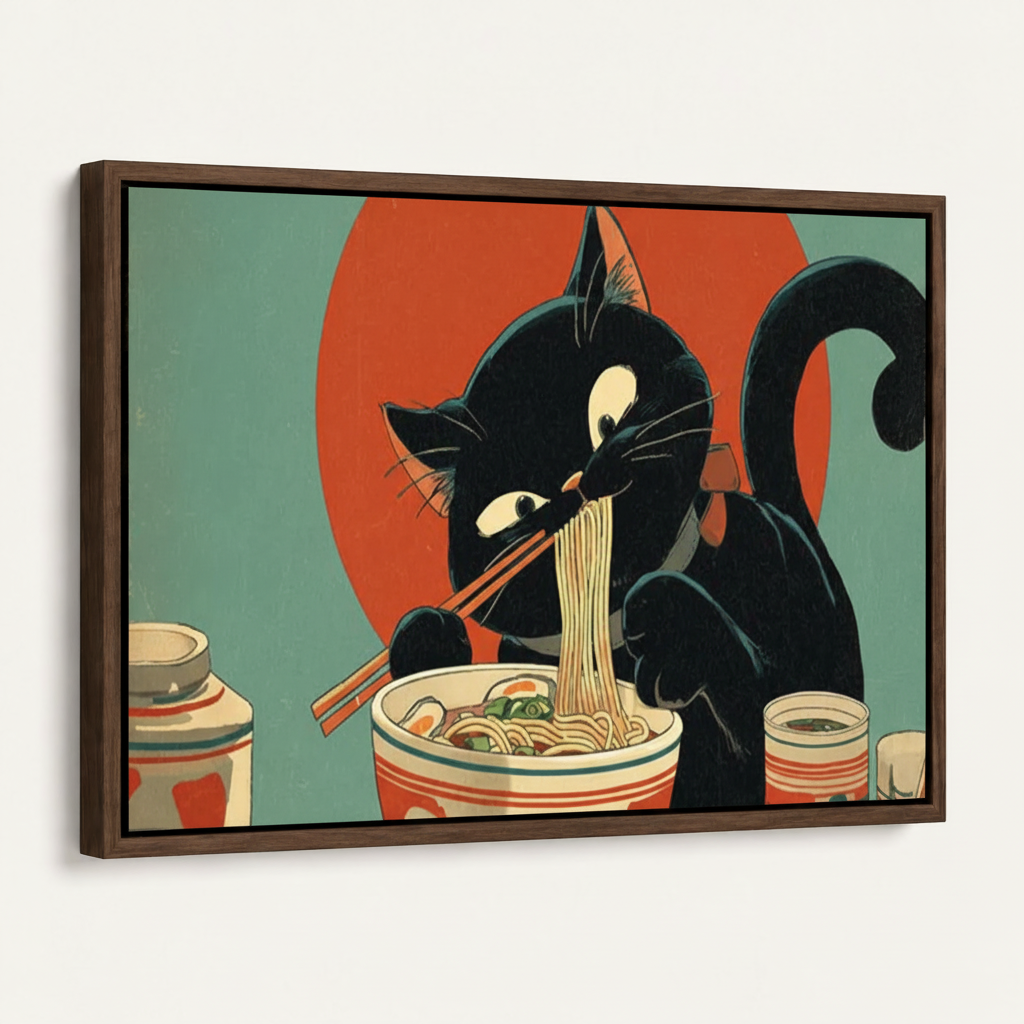 Black cat ramen vintage Japan canvas in dark walnut float frame, product angle view