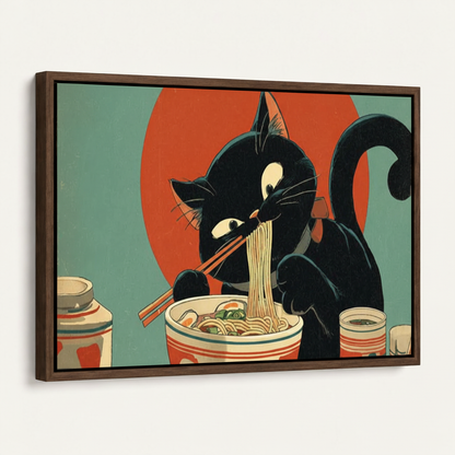 Black cat ramen vintage Japan canvas in dark walnut float frame, product angle view