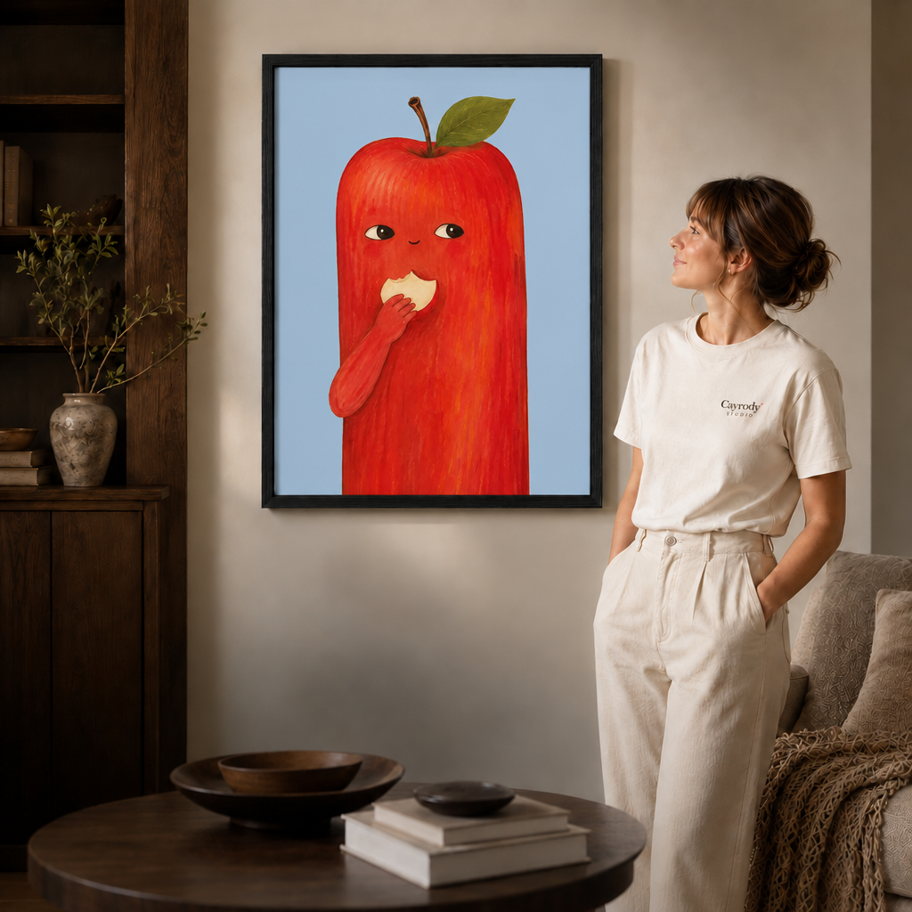 Black-framed red apple character artwork styled in a cozy neutral living room.