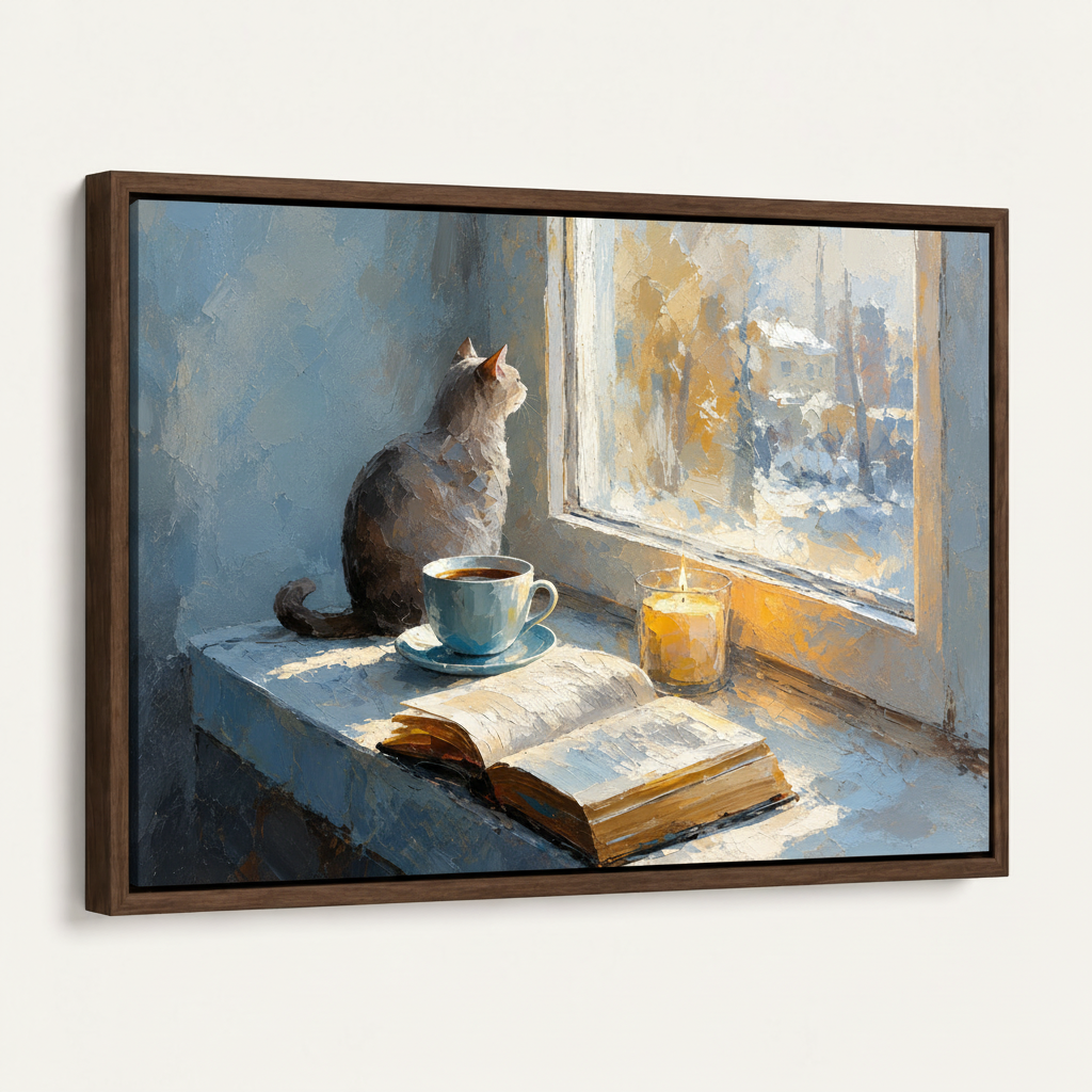 Dark walnut float frame canvas art 45 degree product view white background