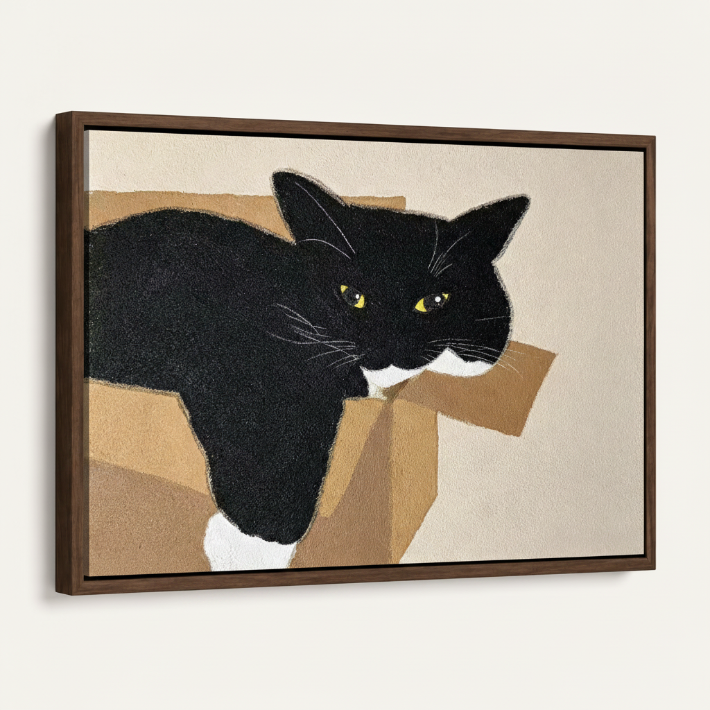 Framed canvas print of black and white cat in cardboard box, dark walnut float frame, 45-degree view