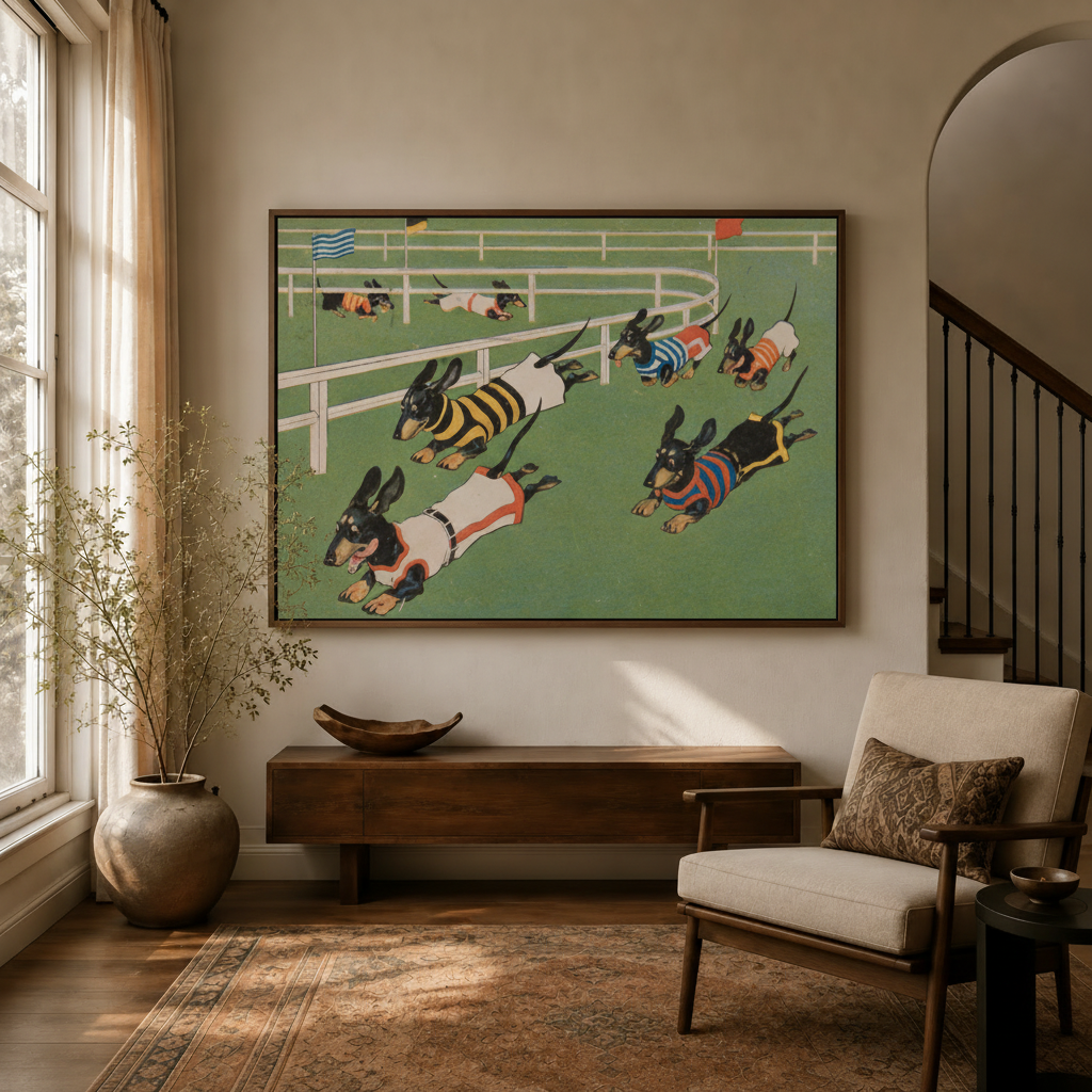 Racing dachshunds vintage cartoon canvas art hanging in warm entryway beside staircase and armchair