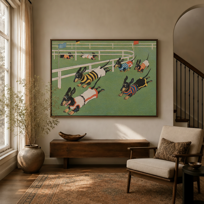 Racing dachshunds vintage cartoon canvas art hanging in warm entryway beside staircase and armchair