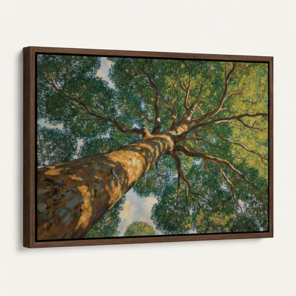 Worm's-eye tree oil painting in dark walnut float frame, angled product mockup on white background