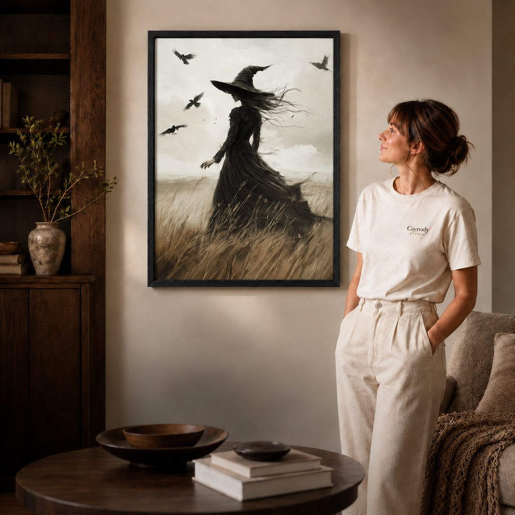 Black framed gothic witch canvas art displayed in a warm contemporary living room