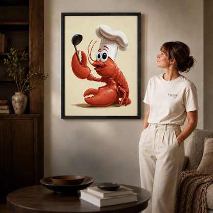 Black-framed smiling lobster chef artwork styled in a cozy neutral living room.