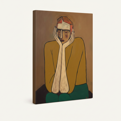 Gallery-wrapped pensive figure expressionist canvas print angled view showing warm brown wrapped sides and paint detail