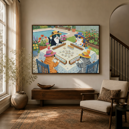 Cats mahjong garden party cartoon canvas hanging in warm golden entryway beside staircase console armchair