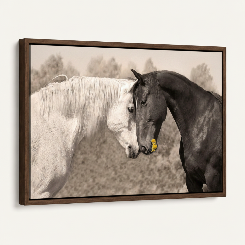 Black white horse romantic canvas in dark walnut floater frame shown at angle on white background