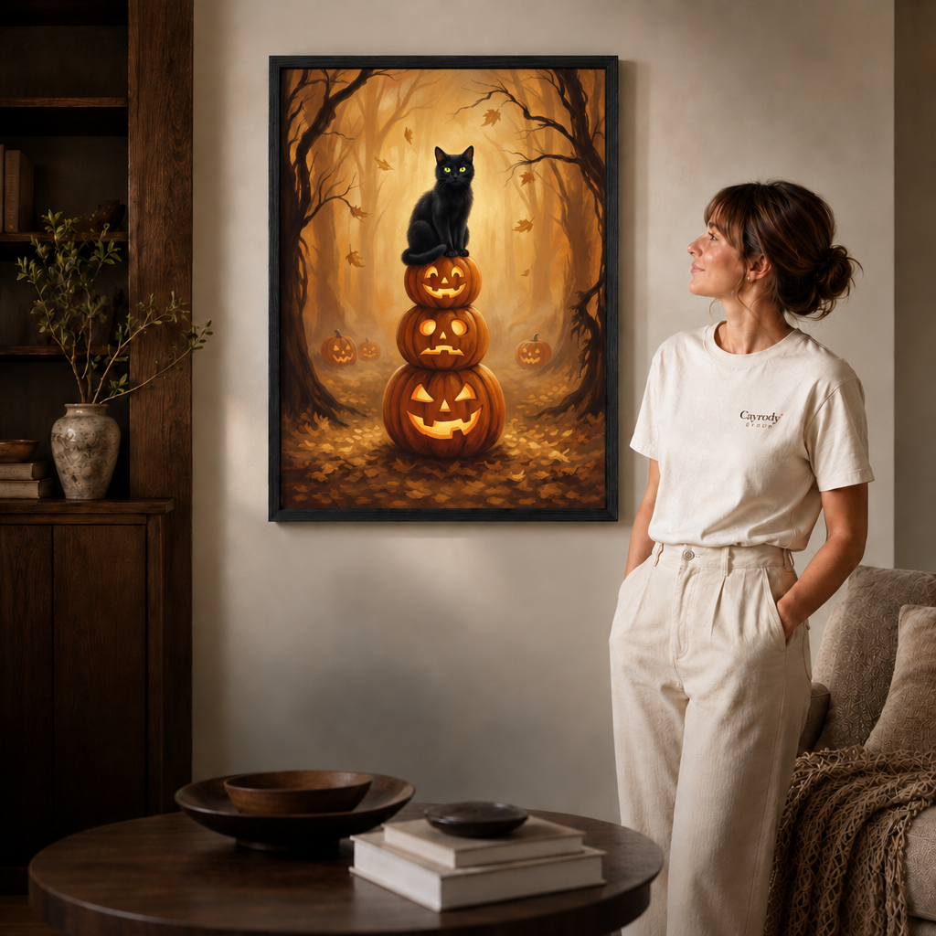 Black-framed Halloween cat and pumpkin canvas art styled beside a woman in a modern living room.
