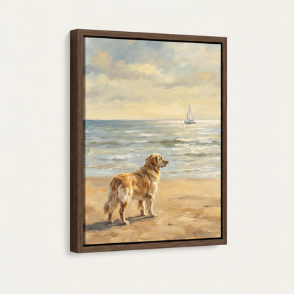 Golden retriever beach painting in dark walnut floater frame, angled three-quarter product view on white