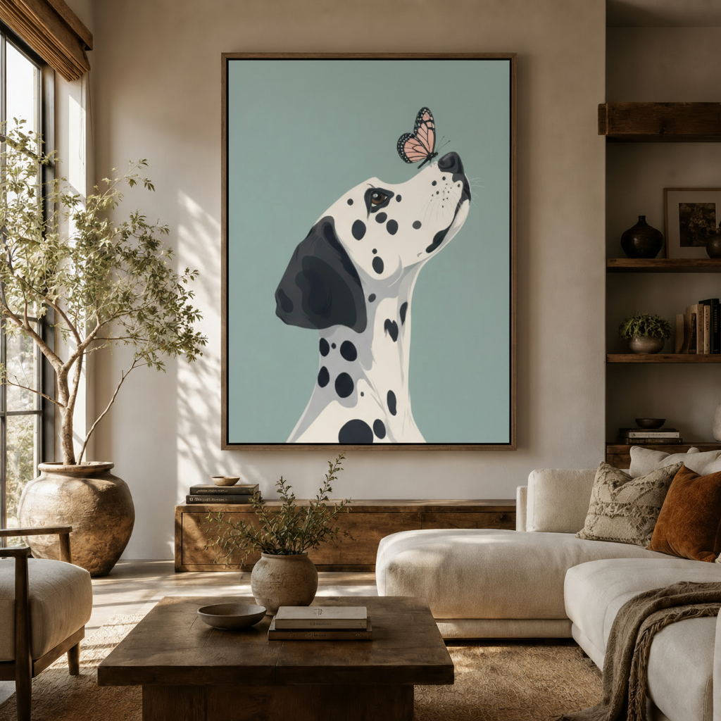Oversized Dalmatian portrait canvas art above a sofa in a bright Scandinavian-style living room