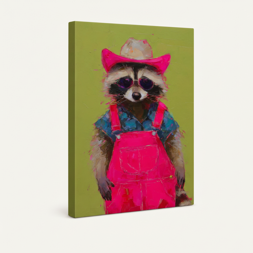 Gallery-wrapped raccoon canvas art close-up showing expressive brushstrokes and hot pink overalls