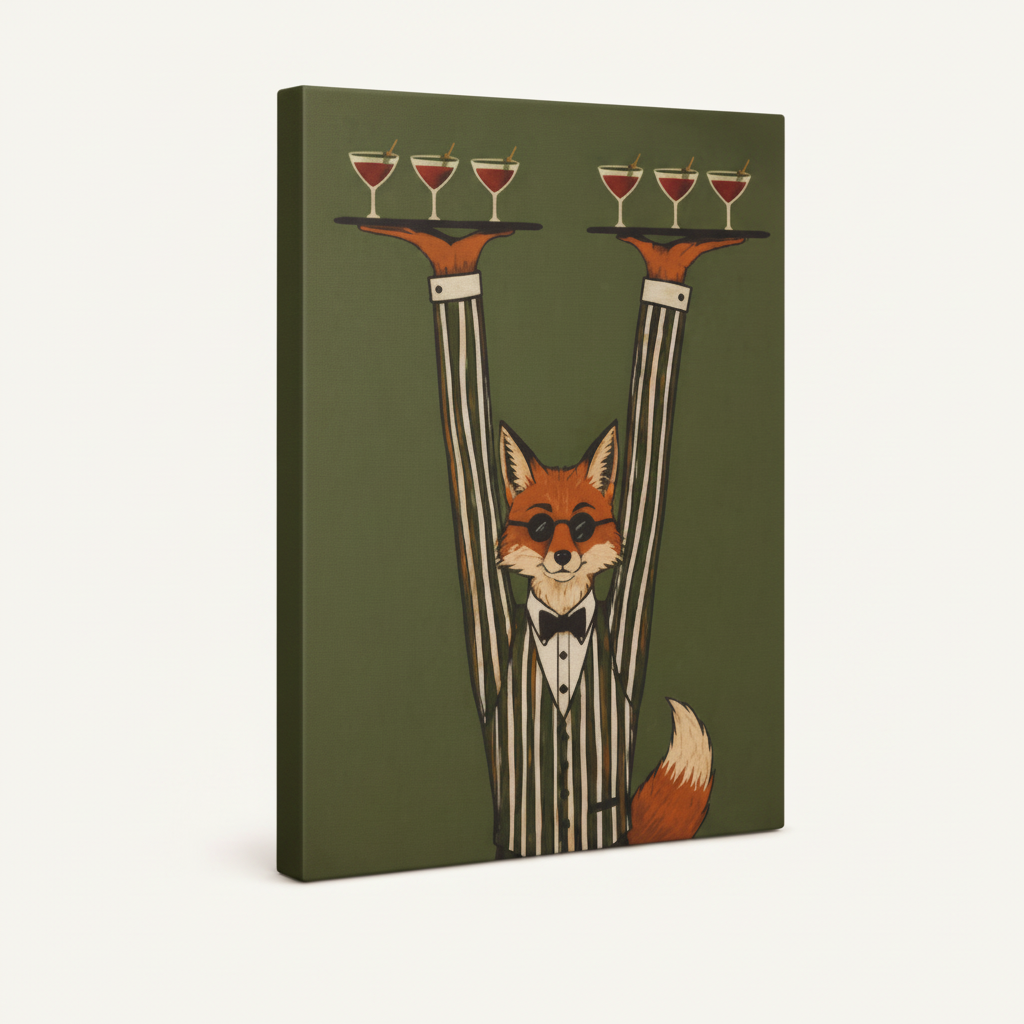 Gallery-wrapped fox waiter canvas print shown at angle revealing side depth on off-white background