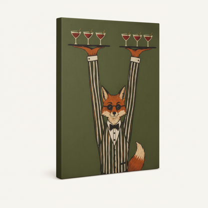 Gallery-wrapped fox waiter canvas print shown at angle revealing side depth on off-white background