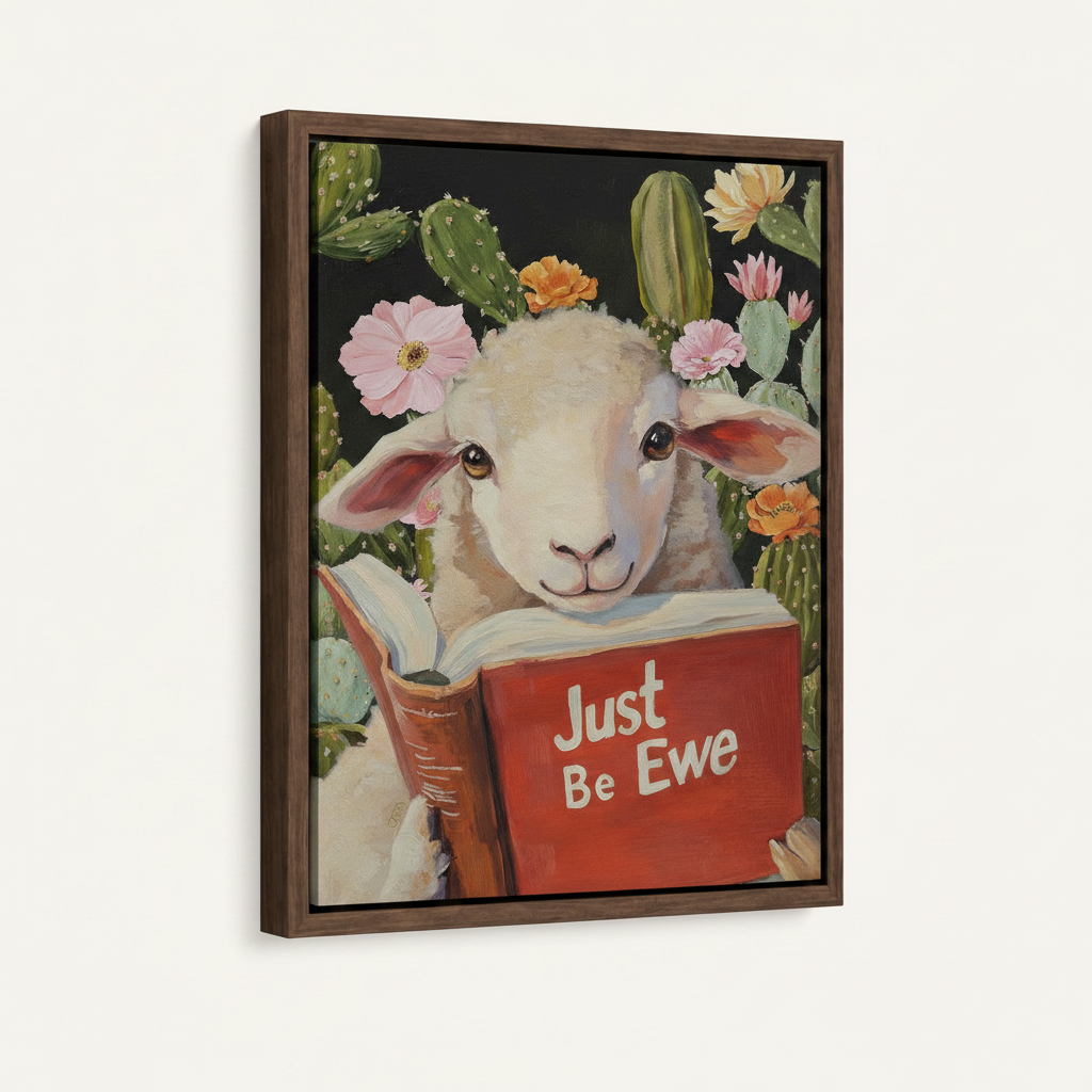 Framed lamb canvas art print Just Be Ewe with cacti and flowers dark background