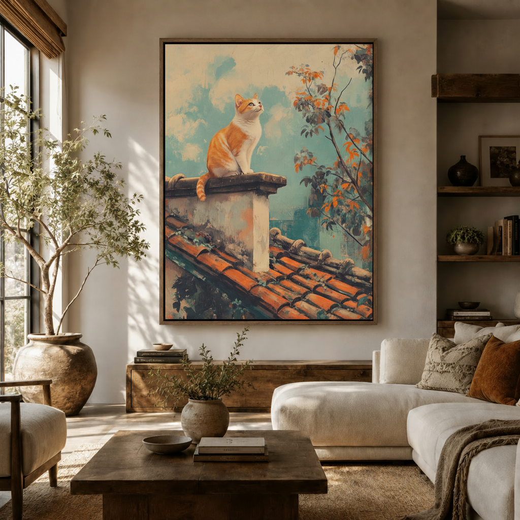 Nostalgic orange cat rooftop canvas in dark frame hung in warm Japandi-style living room