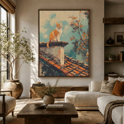 Nostalgic orange cat rooftop canvas in dark frame hung in warm Japandi-style living room