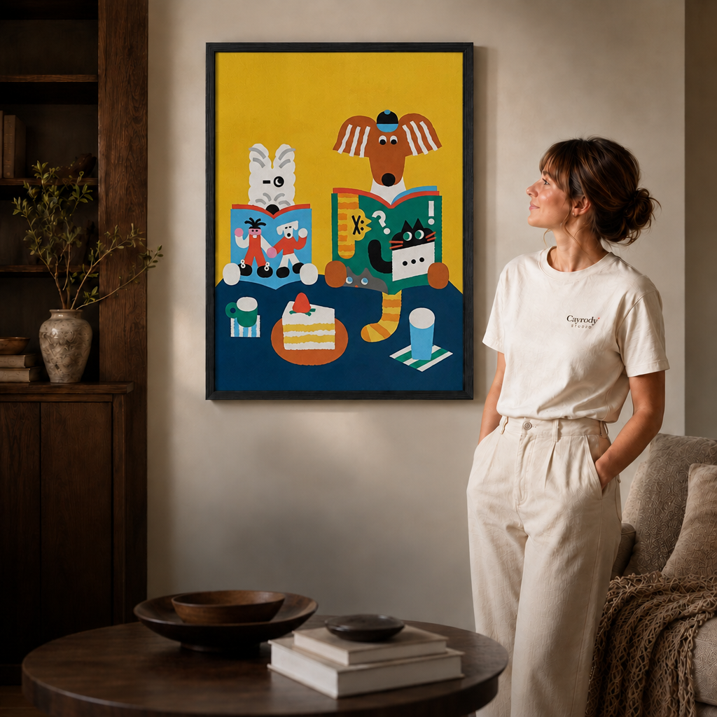 Colorful reading animals artwork in a slim black frame beside a woman in a cozy room.