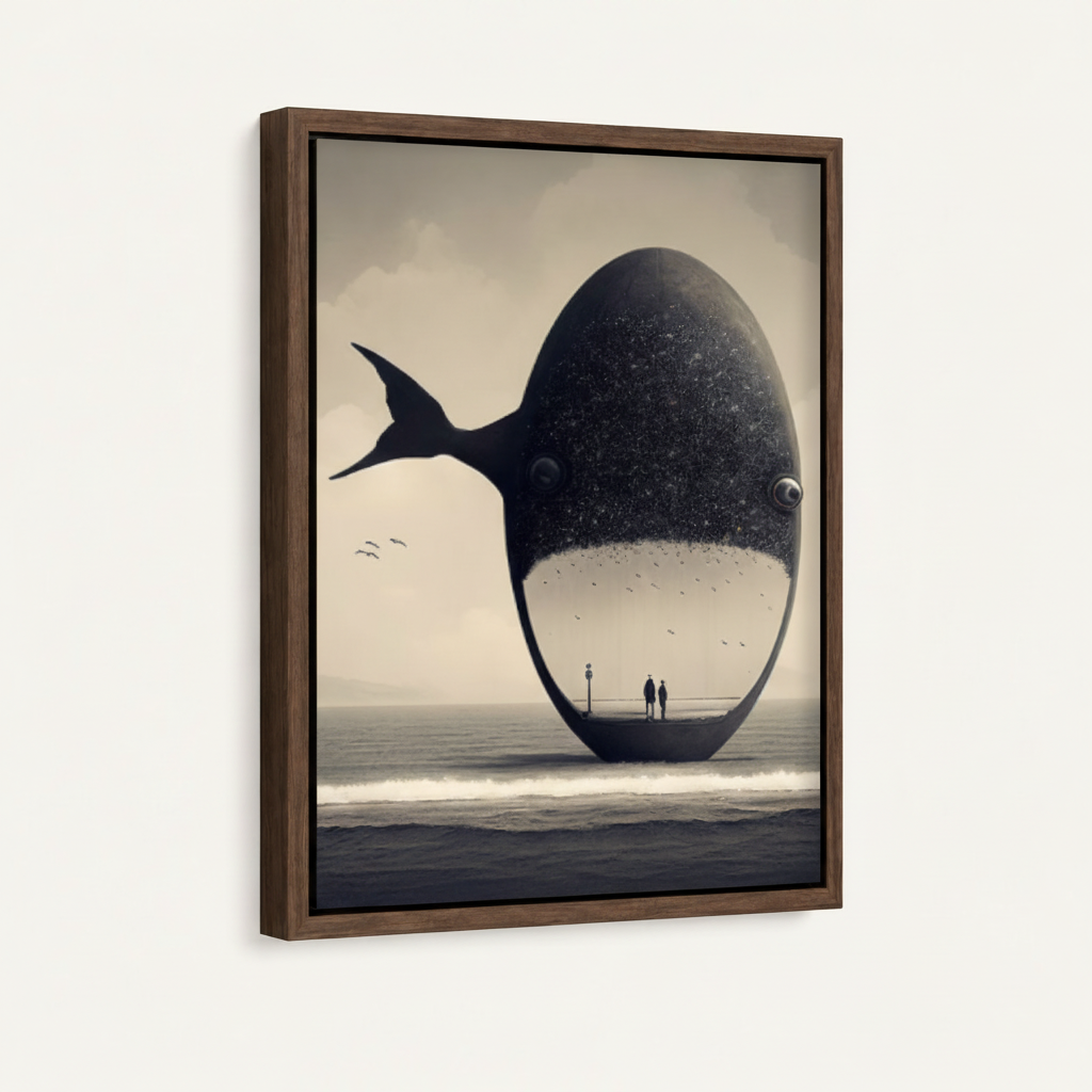 Angled close-up of framed surreal whale canvas in dark walnut float frame showing sepia fog and figure detail