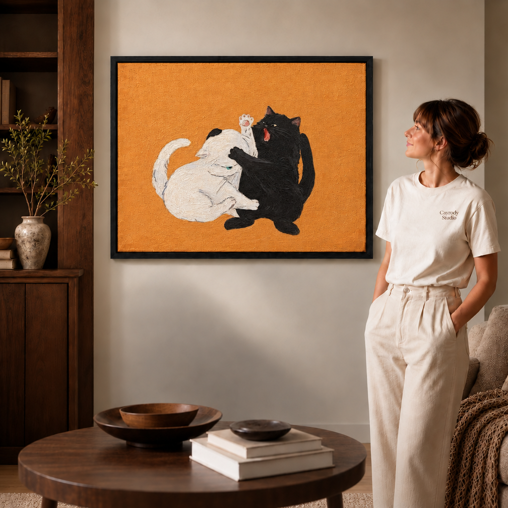 Play-fighting cats canvas wall art on an orange background above a cabinet beside a seated man.