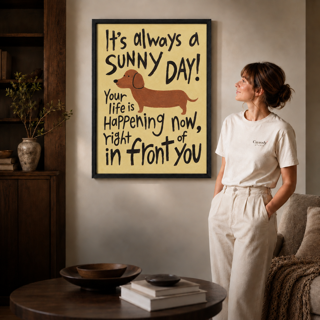 Black framed dachshund motivational canvas styled in a warm contemporary living room