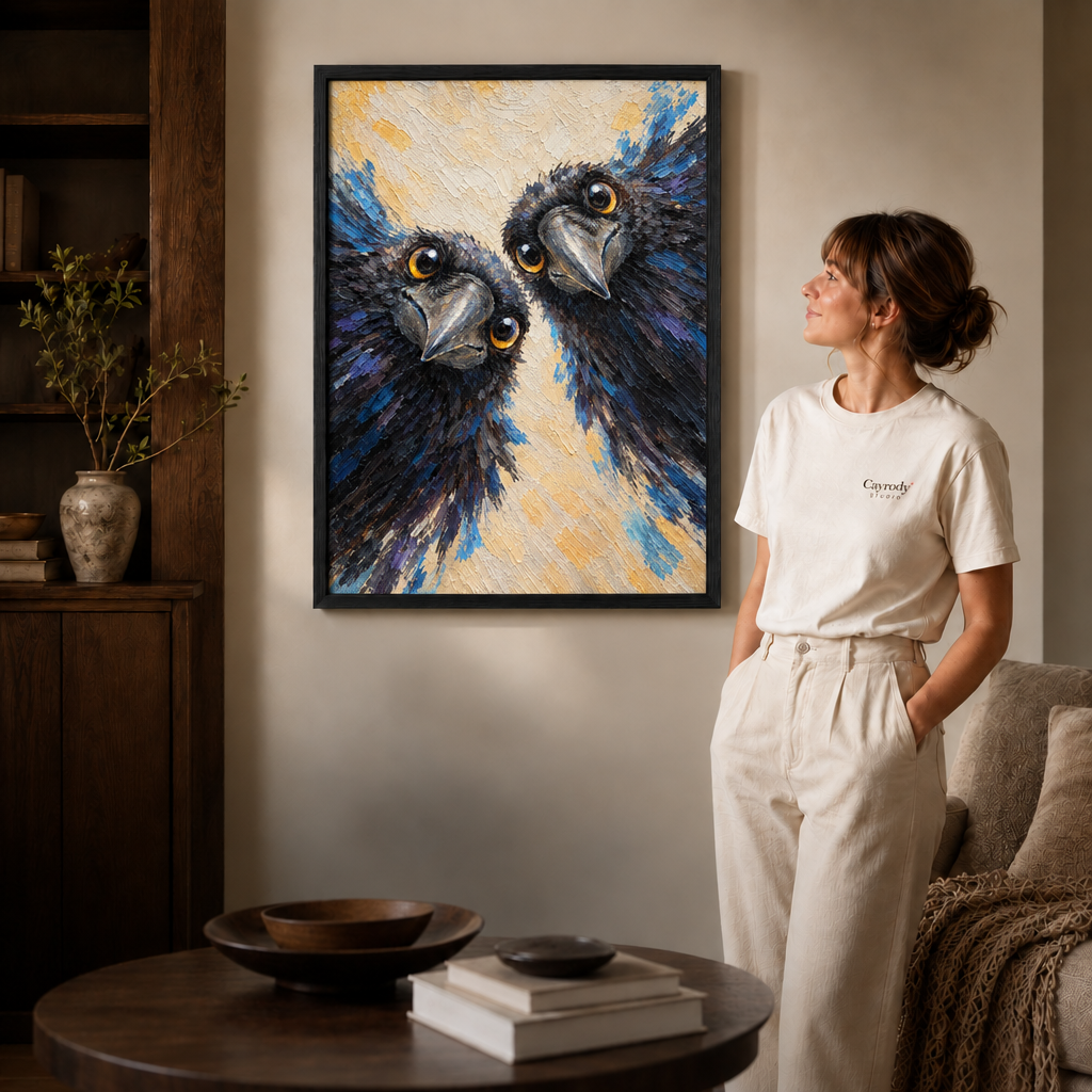 Two black ravens with blue brushstrokes in a slim black-framed canvas, displayed beside a woman.