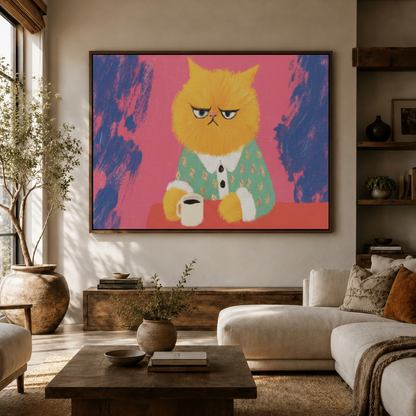 Vibrant grumpy cat wall art displayed above sideboard in modern living room with olive tree and natural light