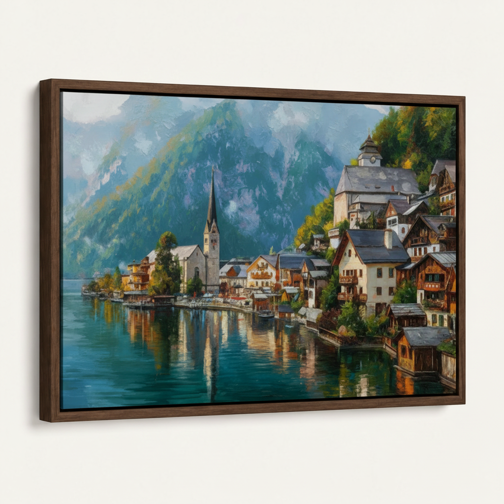 Dark walnut float frame canvas wall art side angle product view on white background