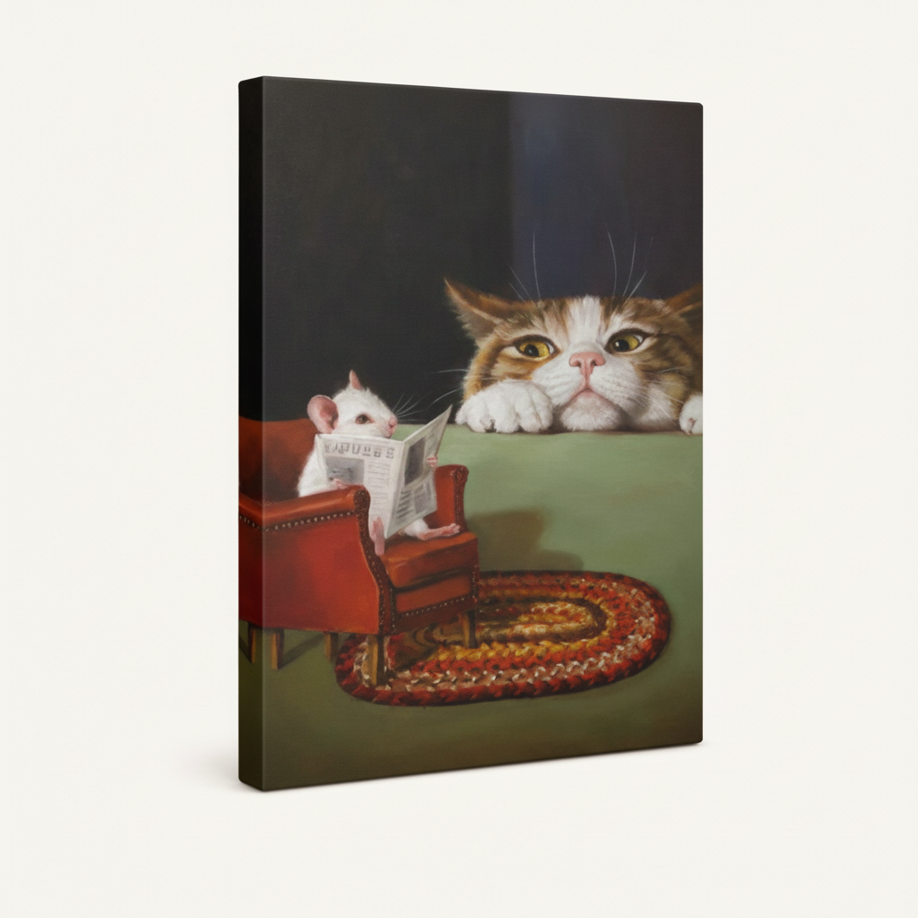 Gallery-wrapped canvas of funny cat peering at mouse in armchair, 3/4 side view