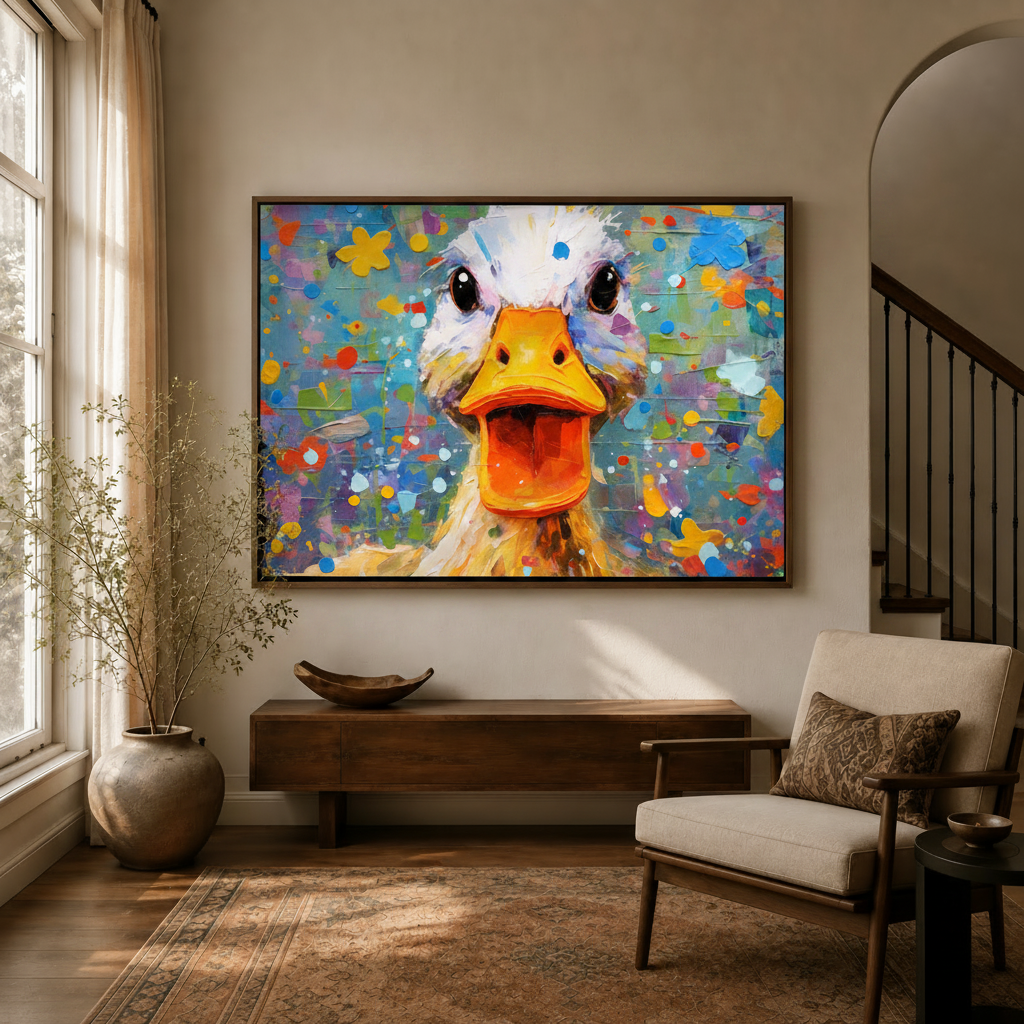 Crazy duck close-up impasto canvas hanging in warm golden entryway beside staircase console armchair