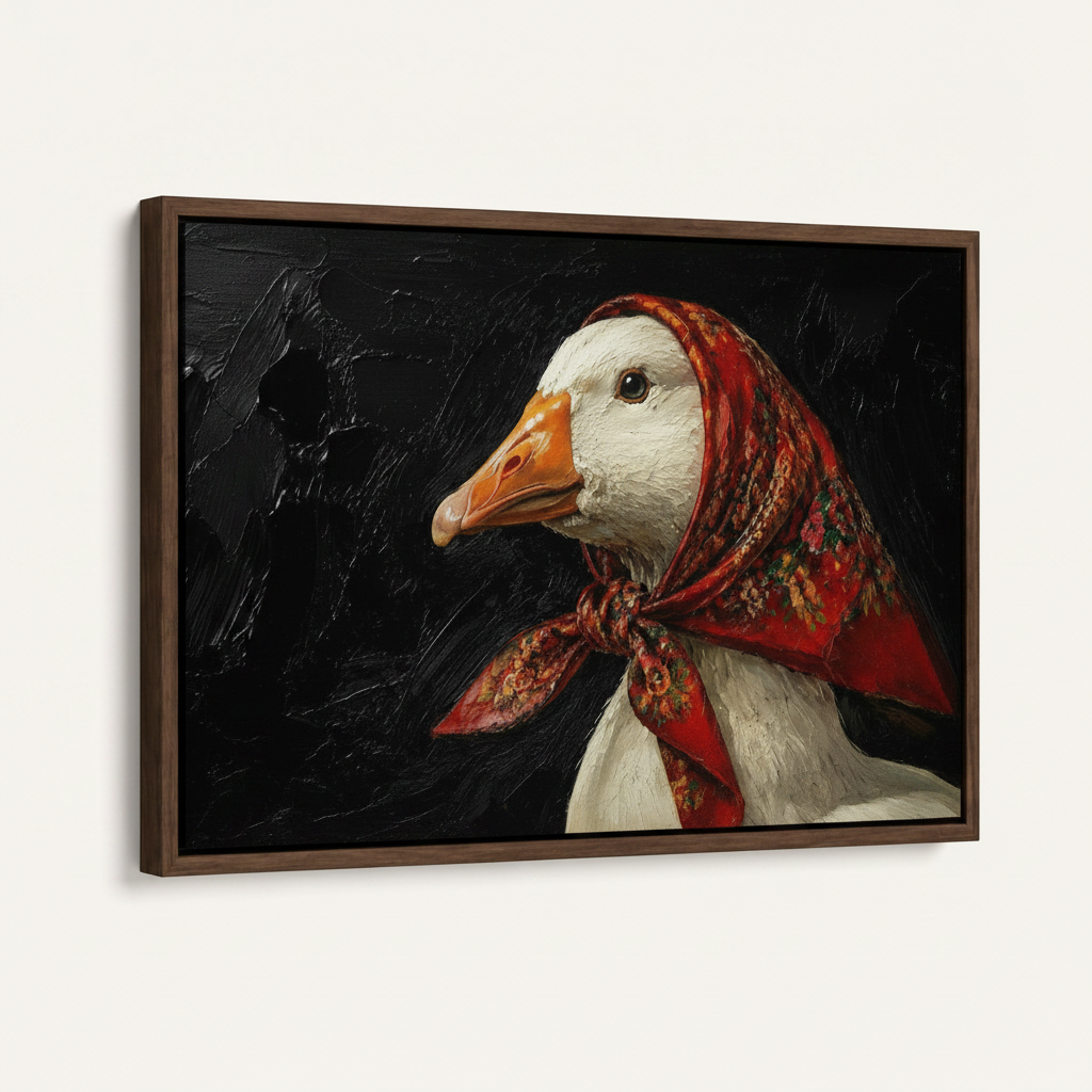 Dark walnut float frame goose portrait canvas print angled product view on white background