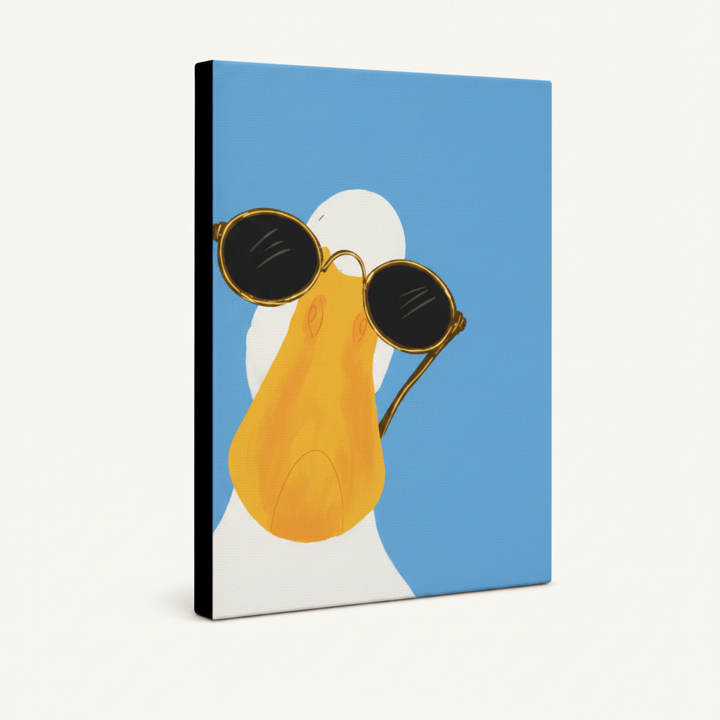 Gallery-wrapped canvas print of flat illustration duck in gold sunglasses shown at angle on white background