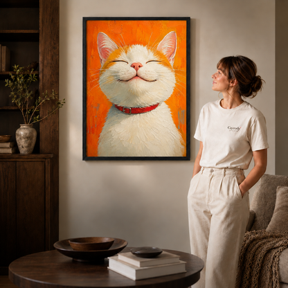 Black-framed cat portrait creates a warm focal point above a coffee table in a room with a woman in white.