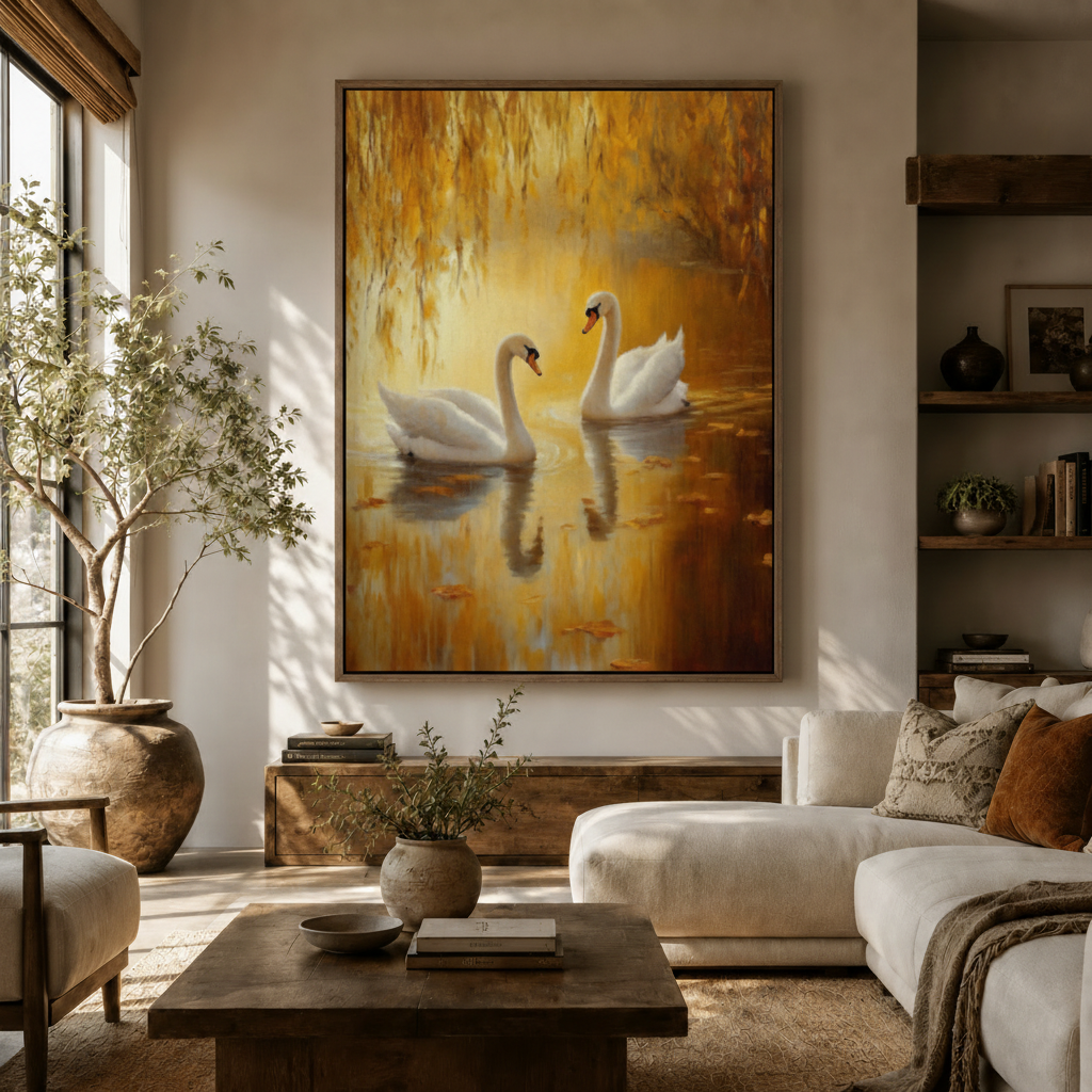 Romantic swan couple canvas displayed above sideboard in warm modern living room with olive tree