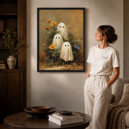 Whimsical ghost garden canvas in a black frame above a coffee table with shelving, sofa, and standing figure.