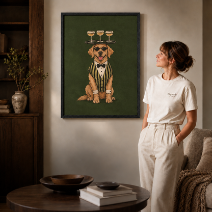 Black framed bartender dog canvas wall art styled in a cozy interior.