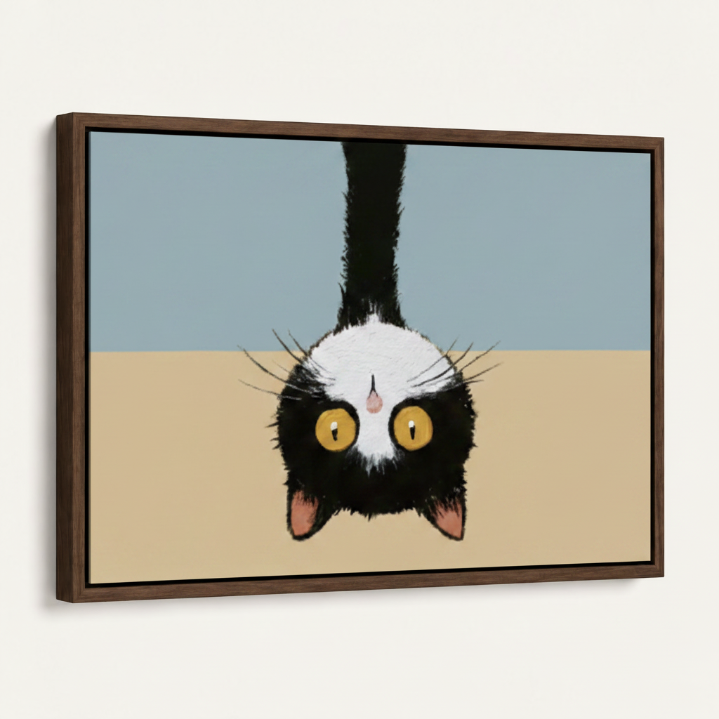 Dark walnut framed canvas wall art featuring a whimsical black and white upside-down cat illustration